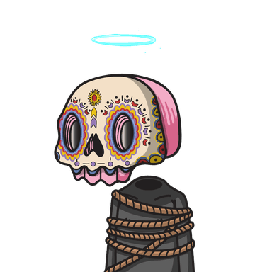 The Cazamuertos mascot — Los Muertos #4981, a haloed muerto already wrapped in glimjack's rope